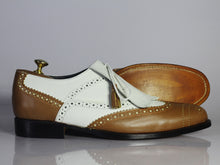 Load image into Gallery viewer, Bespoke White &amp; Brown Wing Tip Brogue Fringe Shoes for Men&#39;s - leathersguru
