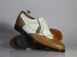 Bespoke White & Brown Wing Tip Brogue Fringe Shoes for Men's - leathersguru