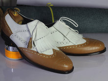 Load image into Gallery viewer, Bespoke White &amp; Brown Wing Tip Brogue Fringe Shoes for Men&#39;s - leathersguru
