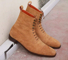 Load image into Gallery viewer, Handmade Tan Suede Cap Toe Ankle Boots - leathersguru
