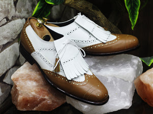 Bespoke White & Brown Wing Tip Brogue Fringe Shoes for Men's - leathersguru