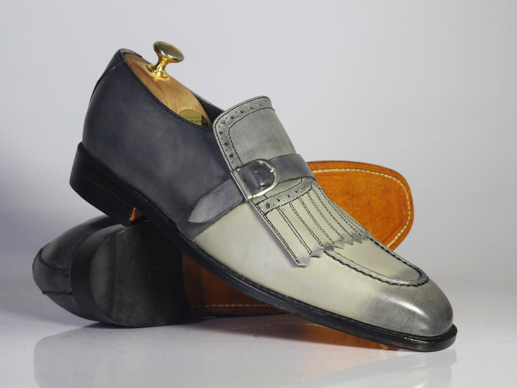 Bespoke Gray Leather Fringe Buckle Up Loafer Shoe for Men - leathersguru
