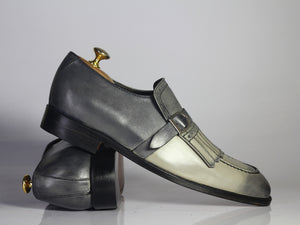 Bespoke Gray Leather Fringe Buckle Up Loafer Shoe for Men - leathersguru