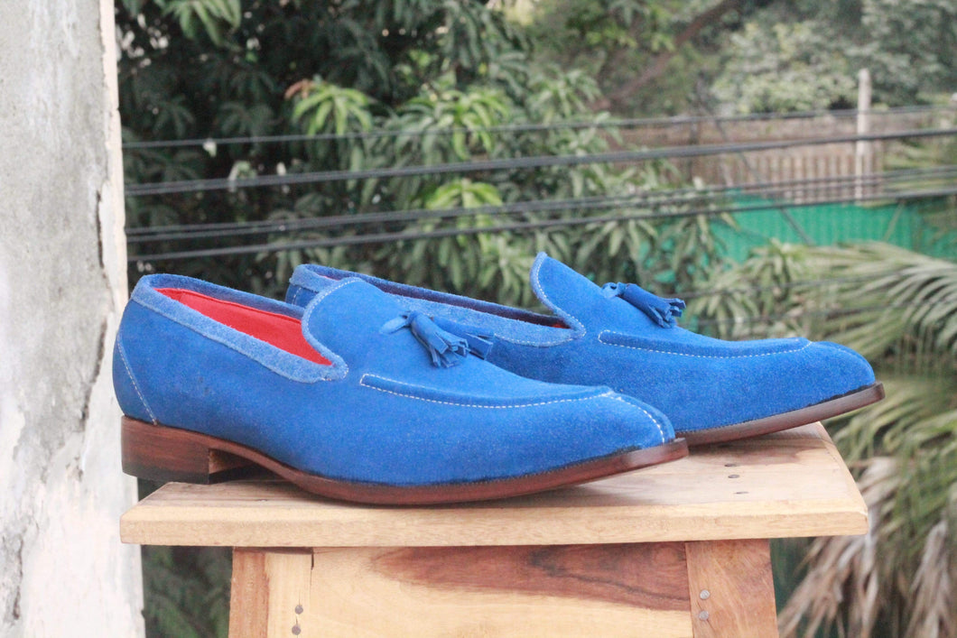 Men's Blue Split Toe Suede Loafers Tussles Shoes - leathersguru