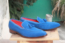 Load image into Gallery viewer, Men&#39;s Blue Split Toe Suede Loafers Tussles Shoes - leathersguru
