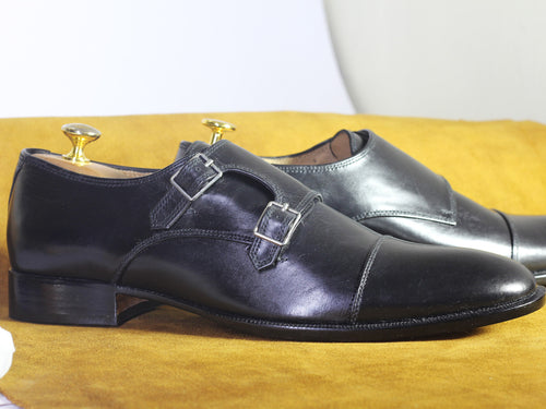 Bespoke Black Double Monk Leather Cap Toe Shoes For Men's