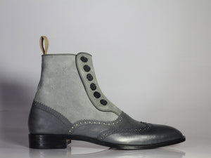 Two Tone Grey Button Top Ankle High Boot,Men's Stylish Leather Suede Boot