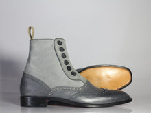 Load image into Gallery viewer, Two Tone Grey Button Top Ankle High Boot,Men&#39;s Stylish Leather Suede Boot

