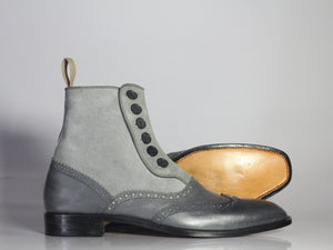 Bespoke Gary Leather Suede Wing Tip Button Top Boots - leathersguru