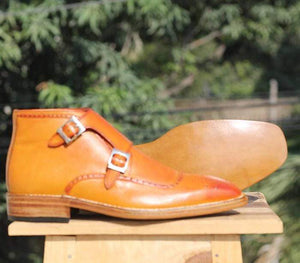 Men Tan Buckle Leather Ankle Boots Mens - leathersguru