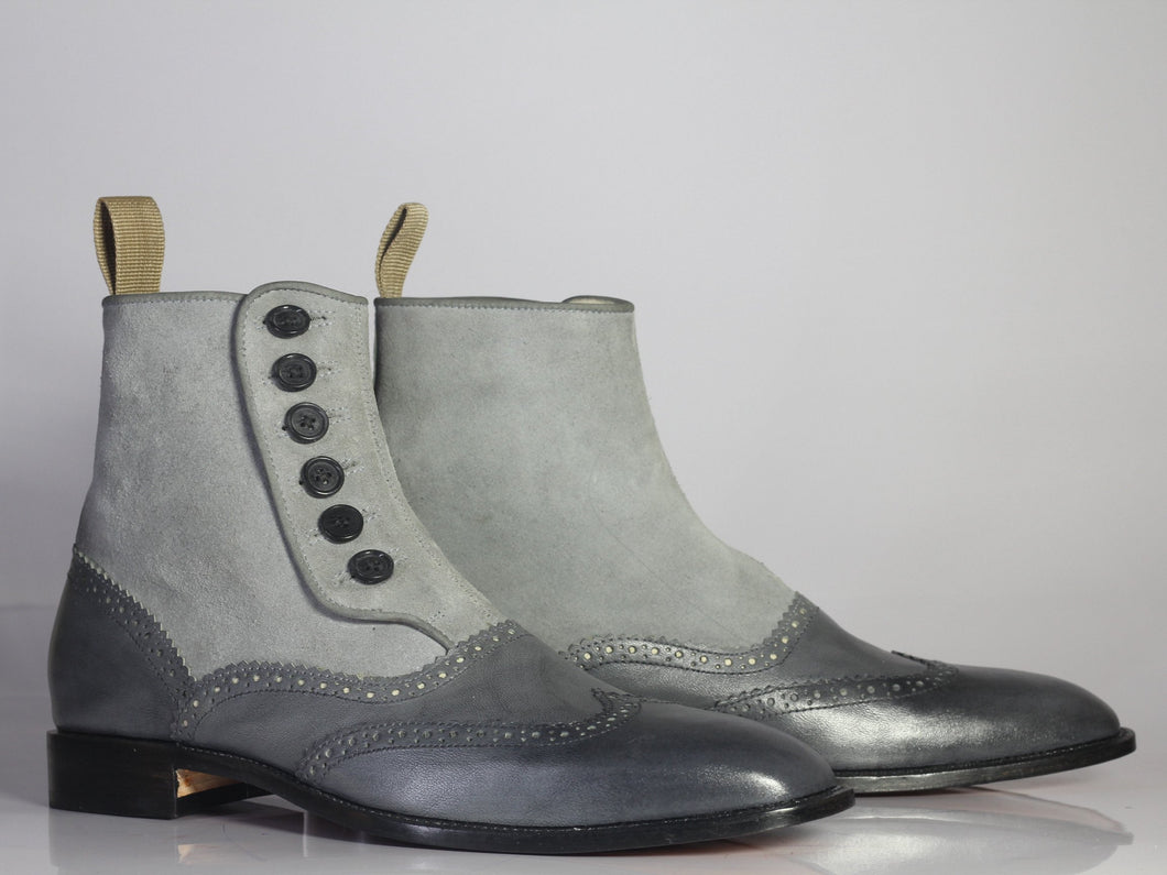 Bespoke Gary Leather Suede Wing Tip Button Top Boots - leathersguru