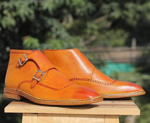 Men Tan Buckle Leather Ankle Boots Mens - leathersguru