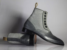 Load image into Gallery viewer, Two Tone Grey Button Top Ankle High Boot,Men&#39;s Stylish Leather Suede Boot
