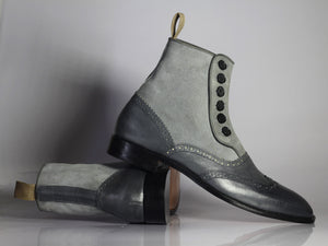 Two Tone Grey Button Top Ankle High Boot,Men's Stylish Leather Suede Boot