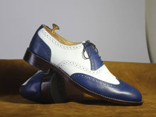 Load image into Gallery viewer, Bespoke White &amp; Blue Wing Tip Brogue Lace Up Shoes - leathersguru
