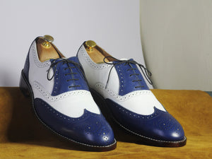 Bespoke White & Blue Wing Tip Brogue Lace Up Shoes - leathersguru