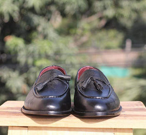 Handmade Black Leather Tussle Loafer - leathersguru