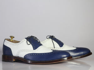 Bespoke White & Blue Leather Lace Up Wing Tip Shoes - leathersguru
