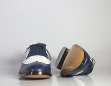 Load image into Gallery viewer, Bespoke White &amp; Blue Leather Lace Up Wing Tip Shoes - leathersguru
