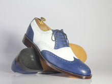 Load image into Gallery viewer, Bespoke White &amp; Blue Wing Tip Brogue Lace Up Shoes - leathersguru
