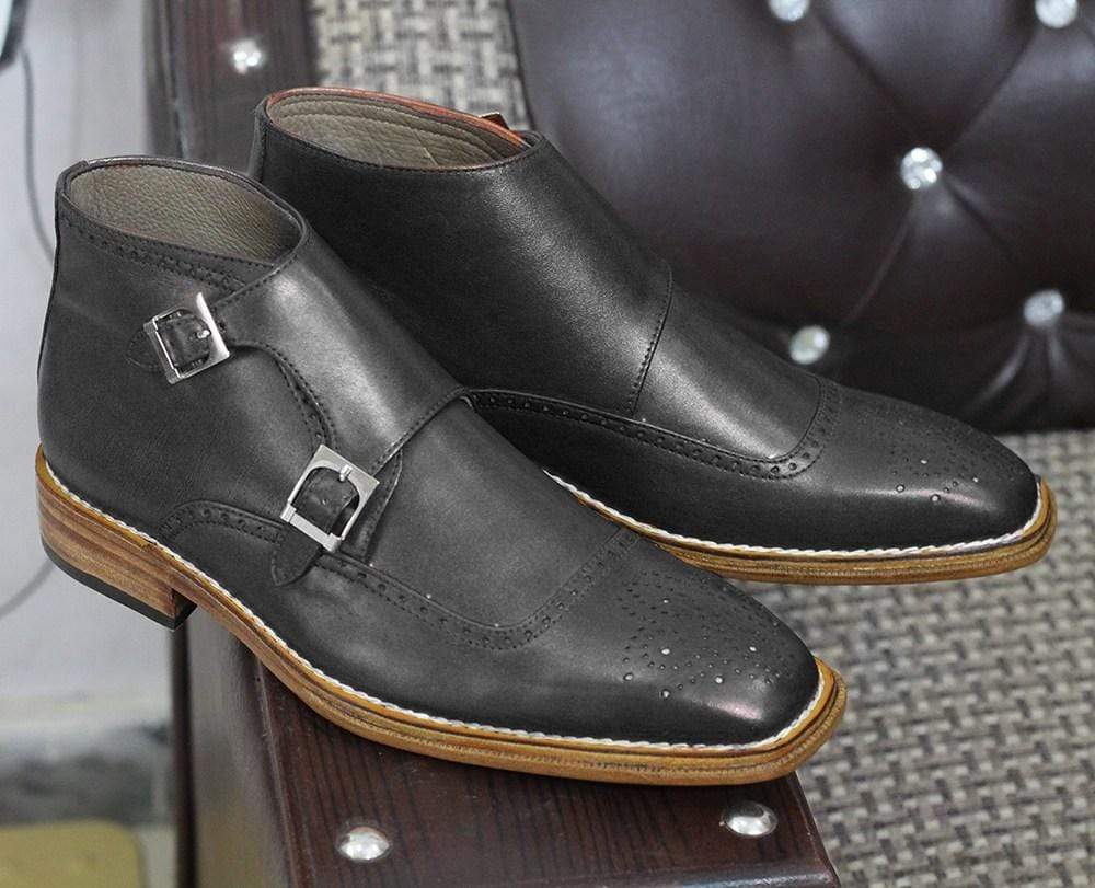 Men Black Buckle Leather Ankle Boots Men's - leathersguru