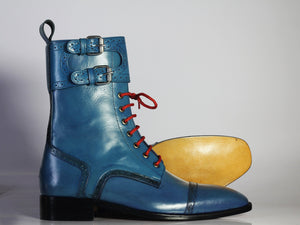 Bespoke Blue Leather Ankle Monk Strap Cap Toe Lace Up Boot - leathersguru