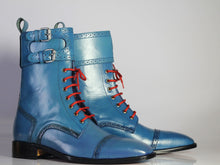 Load image into Gallery viewer, Bespoke Blue Leather Ankle Monk Strap Cap Toe Lace Up Boot - leathersguru
