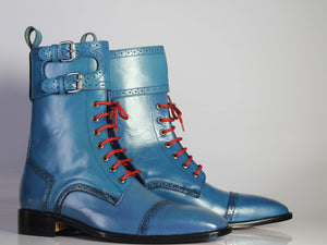 Bespoke Blue Leather Ankle Monk Strap Cap Toe Lace Up Boot - leathersguru
