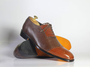 Bespoke Brown & Tan Leather Wing Tip Lace Up Shoe for Men - leathersguru