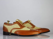 Load image into Gallery viewer, Handmade Men&#39;s Beige Brown Leather Suede Wing Tip Brogue Shoes - leathersguru

