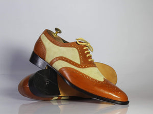 Handmade Men's Beige Brown Leather Suede Wing Tip Brogue Shoes - leathersguru