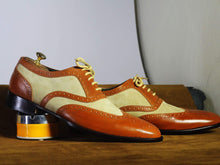 Load image into Gallery viewer, Handmade Men&#39;s Beige Brown Leather Suede Wing Tip Brogue Shoes - leathersguru
