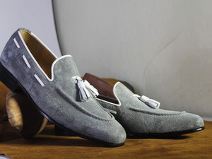Handmade Gray Loafers Suede Tussles Shoe - leathersguru