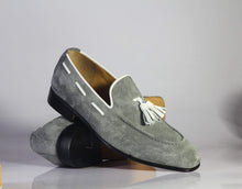 Load image into Gallery viewer, Handmade Gray Loafers Suede Tussles Shoe - leathersguru
