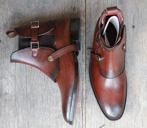 Handmade Chelsea Buckle Brown Boot - leathersguru