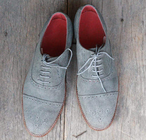 Handmade Gray Suede Cap Toe Brogue Shoe - leathersguru