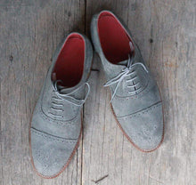 Load image into Gallery viewer, Handmade Gray Suede Cap Toe Brogue Shoe - leathersguru
