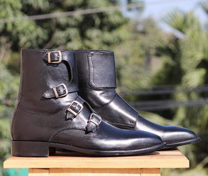 Handmade Black Triple Buckle Boots For Men's - leathersguru