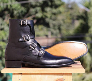 Handmade Black Triple Buckle Boots For Men's - leathersguru