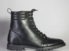 Load image into Gallery viewer, Bespoke Black Leather Side Zip Ankle Cap Toe Lace Up Boot - leathersguru
