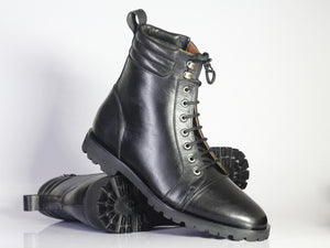Bespoke Black Leather Side Zip Ankle Cap Toe Lace Up Boot - leathersguru