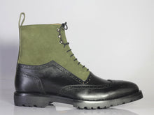 Load image into Gallery viewer, Bespoke Olive Green Black Leather Suede High Ankle Wing Tip  Boots - leathersguru
