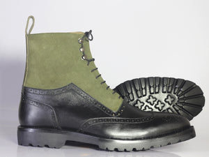 Bespoke Olive Green Black Leather Suede High Ankle Wing Tip  Boots - leathersguru