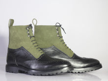 Load image into Gallery viewer, Bespoke Olive Green Black Leather Suede High Ankle Wing Tip  Boots - leathersguru
