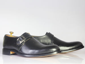 Bespoke Black Leather Monk Strap Shoe For Men's - leathersguru
