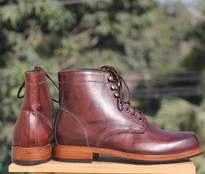 Bespoke Burgundy Leather High Ankle Lace Up Boots - leathersguru