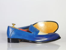Load image into Gallery viewer, Bespoke Blue &amp; White Leather Penny Loafer Shoe for Men - leathersguru

