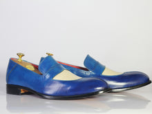 Load image into Gallery viewer, Bespoke Blue &amp; White Leather Penny Loafer Shoe for Men - leathersguru
