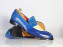 Bespoke Blue & White Leather Penny Loafer Shoe for Men - leathersguru