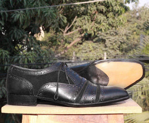 Handmade Black Cap Toe Leather Suede Lace Up Shoe - leathersguru